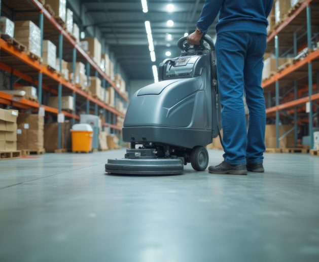 Worker uses a floor scrubbing machine to clean a warehouse floor.  The floor is gray concrete, and the worker is wearing blue pants and dark shoes.  The machine is gray and is positioned in the middle of the warehouse aisle.  High shelves filled with various items are in the background.